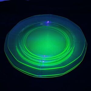 Vintage depression green uranium glass plates set of three
